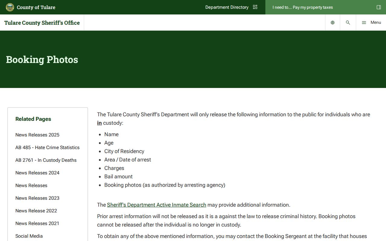 Tulare County Sheriff booking photo release policy for current inmates