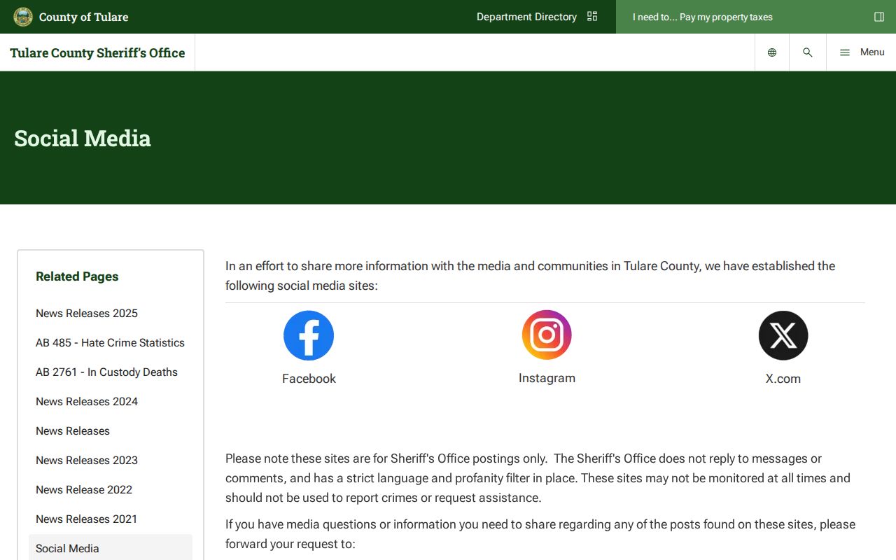 Tulare County Sheriff social media policy for arrest announcements