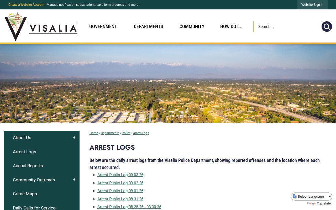 Official Visalia Police daily arrest log index in Tulare County