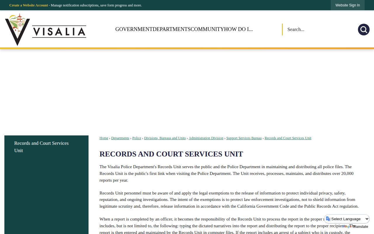 Official Visalia Records and Court Services Unit webpage