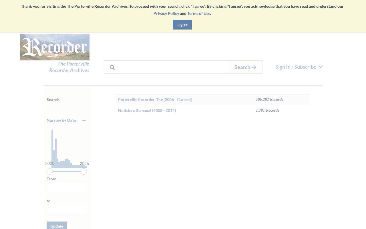 Porterville Recorder NewsBank archive for older Tulare County arrest coverage